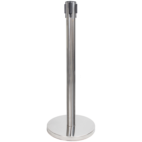 Pair of Polished Steel Retractable Barrier Posts with Red Webbing