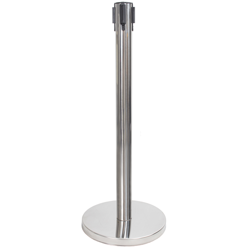 Set of 4x Polished Steel Retractable Barrier Posts with Red Webbing