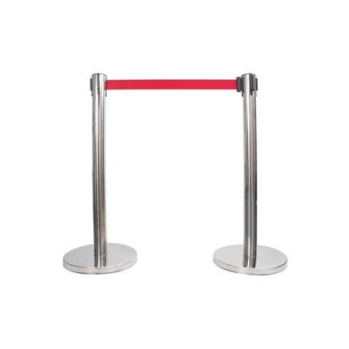 Pair of Polished Steel Retractable Barrier Posts with Red Webbing