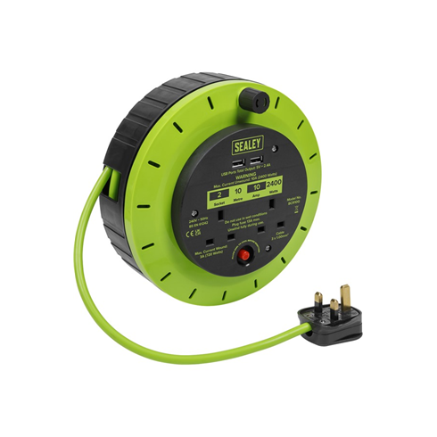 Sealey BCR10G Cassette Type Cable Reel Green with Thermal Trip 2x 230V and 2x USB 10mtr