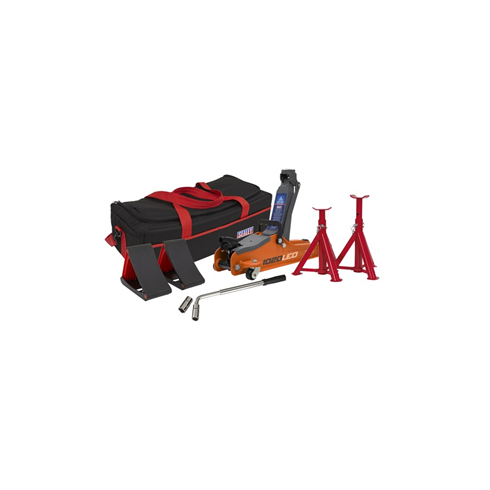 Sealey 2tonne Low Entry Short Chassis  Orange Trolley Jack, Accessories & Bag Combo