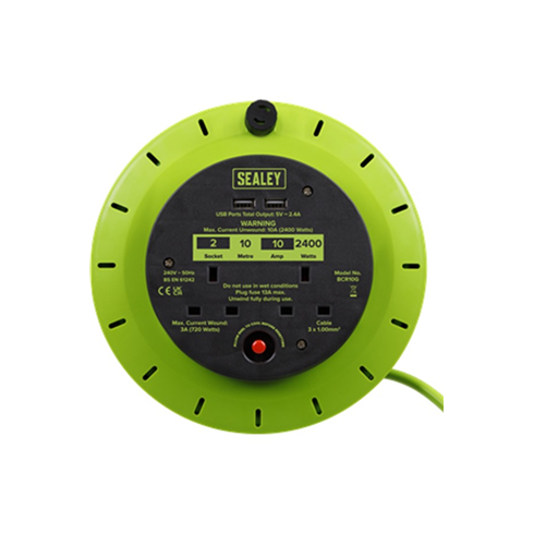 Sealey BCR10G Cassette Type Cable Reel Green with Thermal Trip 2x 230V and 2x USB 10mtr