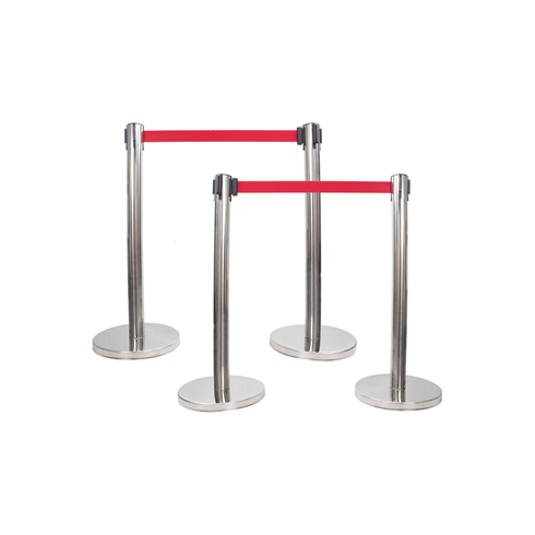 Set of 4x Polished Steel Retractable Barrier Posts with Red Webbing