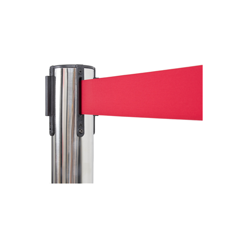 Pair of Polished Steel Retractable Barrier Posts with Red Webbing