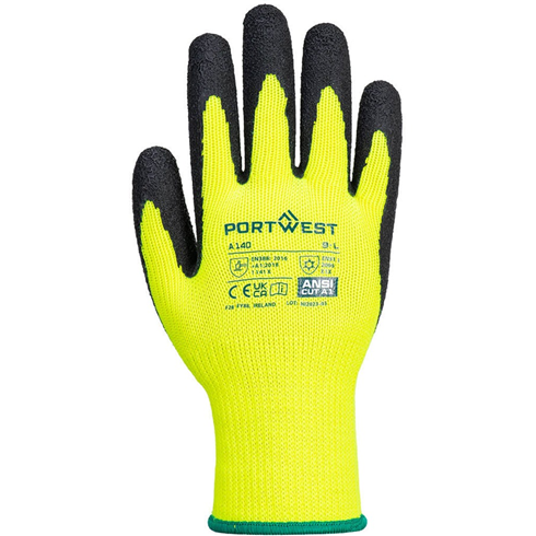 Portwest A140 Thermal Latex Grip Glove Black/Yellow (10pk)