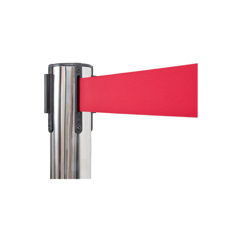 Set of 4x Polished Steel Retractable Barrier Posts with Red Webbing