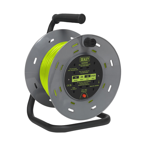 Sealey BCR25G Cable Reel with Thermal Trip 4 x 230V Sockets 25mtr Green