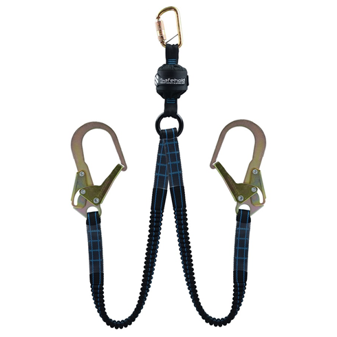 Safehold 1.8mtr Twin-Leg Elasticated Shock Absorbing Lanyard with Double Lock Karabiner & Scaffold Hooks