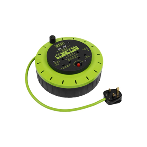 Sealey BCR10G Cassette Type Cable Reel Green with Thermal Trip 2x 230V and 2x USB 10mtr