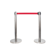 Pair of Polished Steel Retractable Barrier Posts with Red Webbing