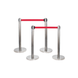 Set of 4x Polished Steel Retractable Barrier Posts with Red Webbing